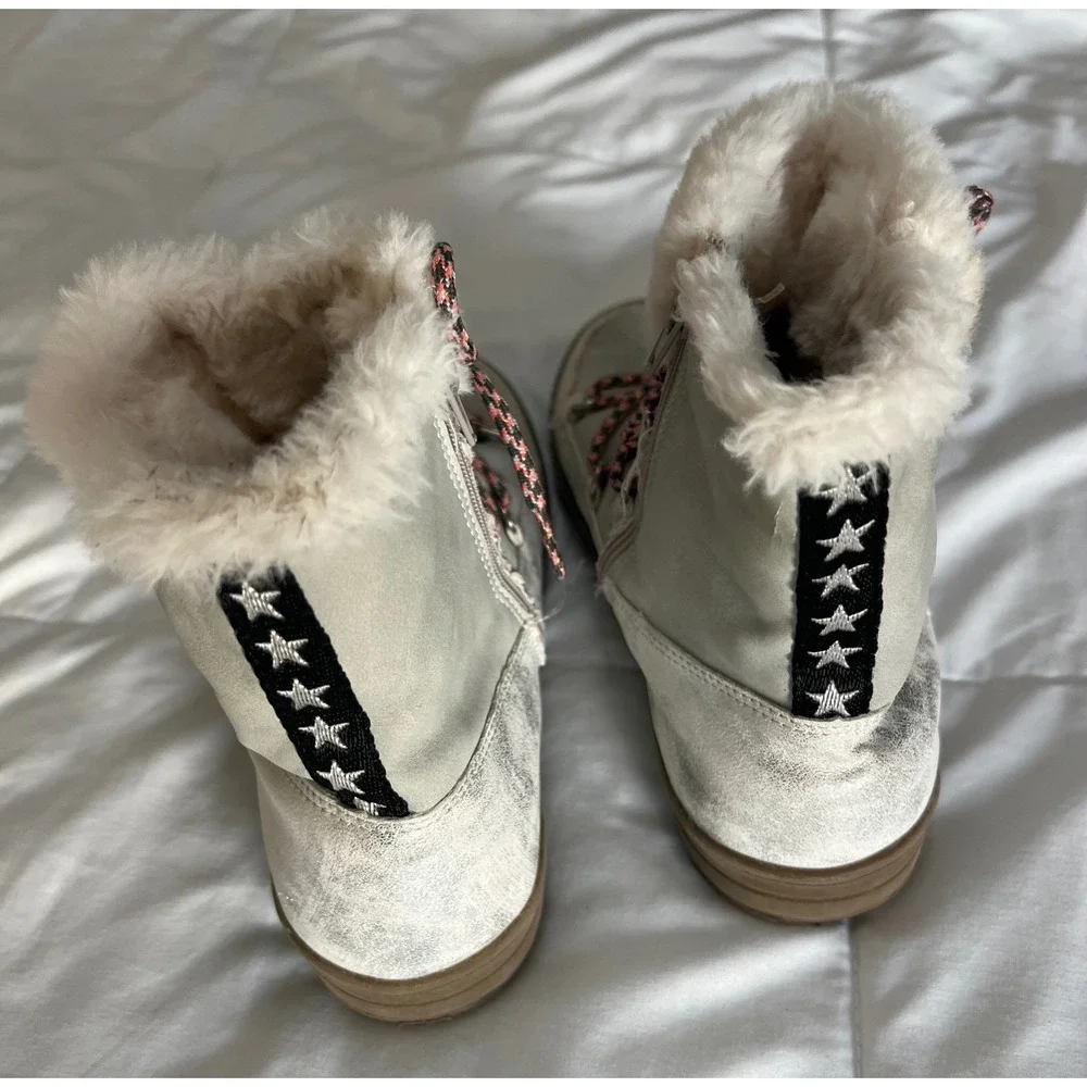 SPROX Kids Cozy Fur Lined Snow Boots Gray Pink Laces‎ Stars Side Zip